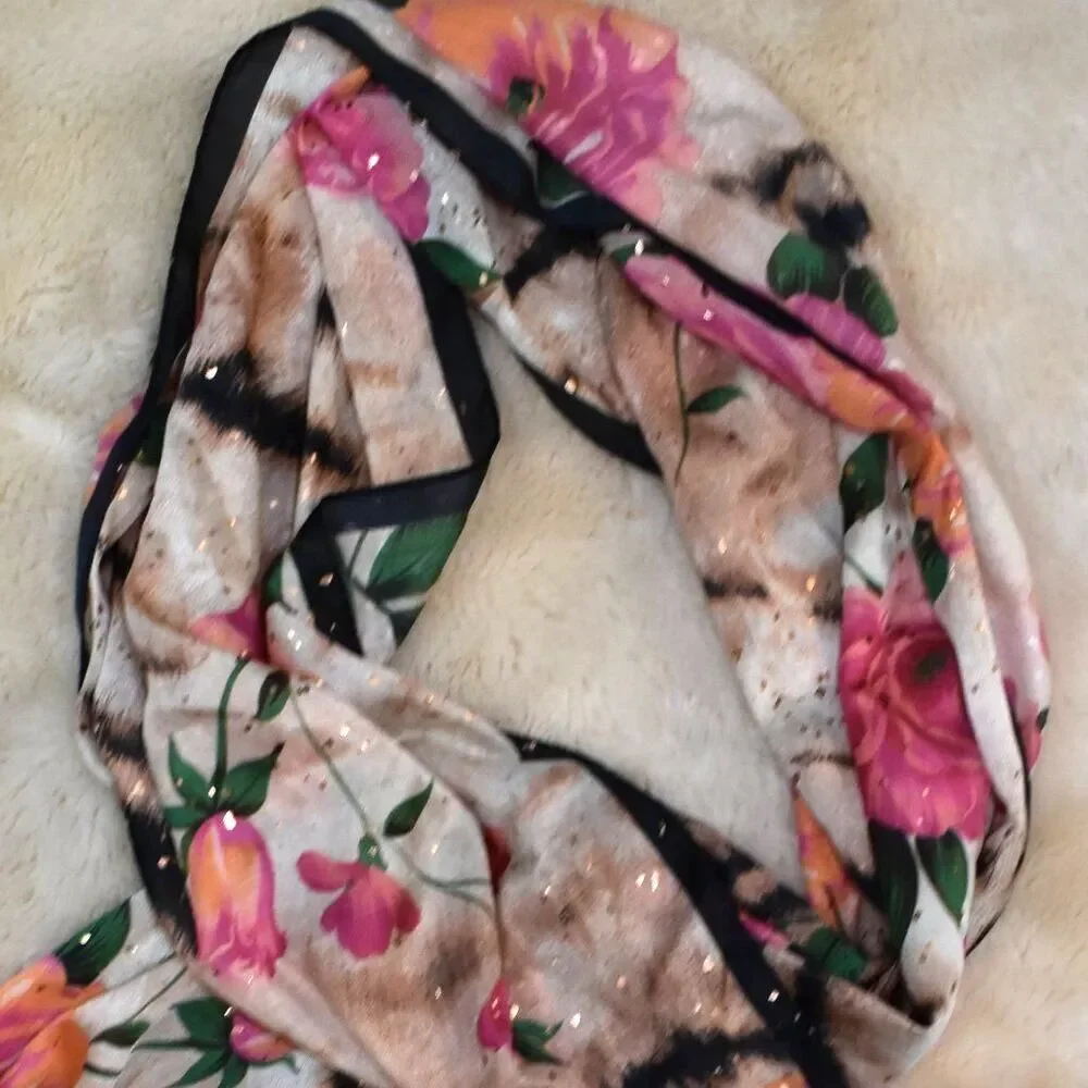 Vince Camuto Floral Animal Print Sparkly Sheer Scarf Wrap Pink Black Beige